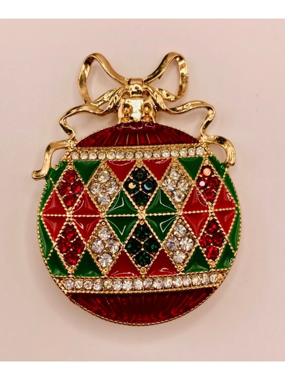 Avon 2023 Holiday Ornament Brooch Gold-Tone Rhinestones Enamel Red Green -106B